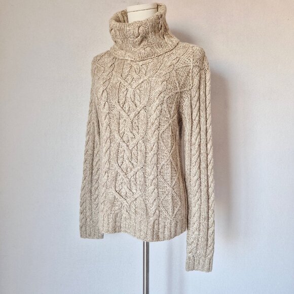 NWT Brooks Brothers Handknit Silk Cashmere Cable Knit Turtle Neck Sweater Beige - Picture 1 of 10